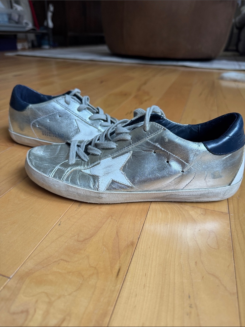 Golden Goose Metallic Silver Low-Top Leather Sneakers with Star Accent